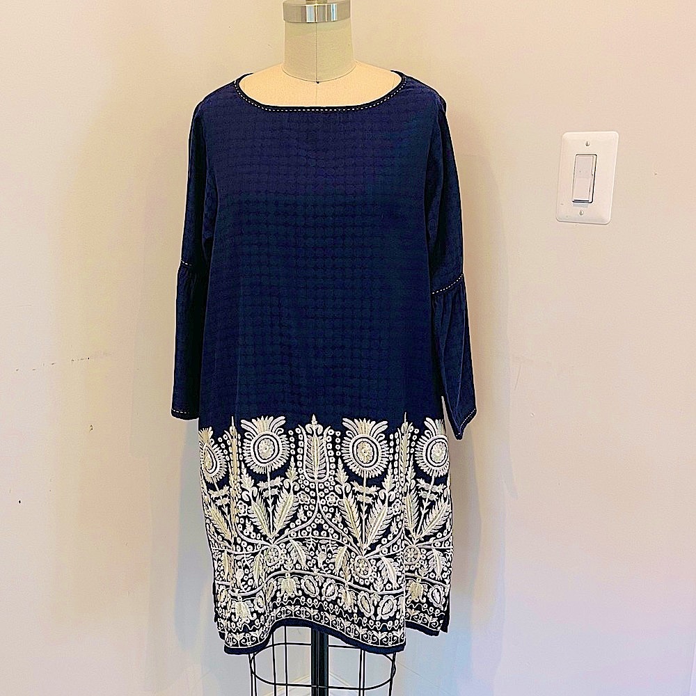 Khaadi Navy Blue Linen Kurta with white embroidery border